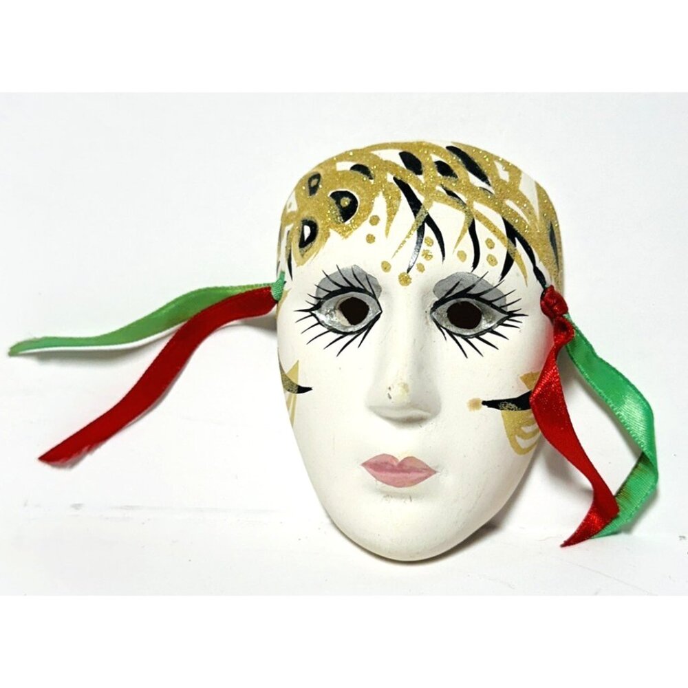 Mardi Gras Mask Haunted Eyes New Orleans Ceramic Gold Glitter Small 3 1/2" VTG